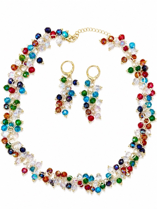 Jewelry - Vintage Multicolor Beaded Necklace and Earring Set - Gold Tone